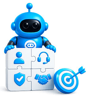 Aupod robot with puzzle pieces representing simplicity, support, trust, and partnership