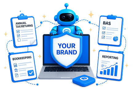 Aupod robot illustration showing your brand shield with tax and accounting services