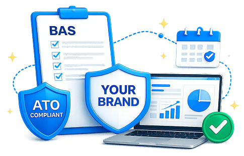 Illustration of BAS compliance, your brand shield, and financial reporting dashboards