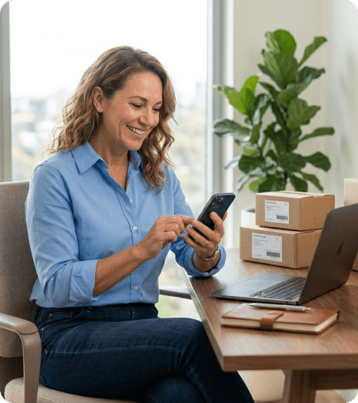 Trustee reviewing trust tax information on her phone at a desk with laptop and shipping boxes