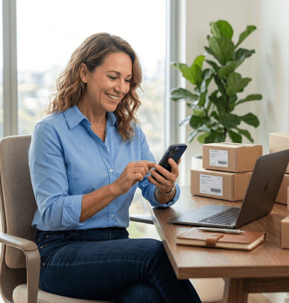 Sole trader reviewing tax claims on her phone next to a laptop and parcels
