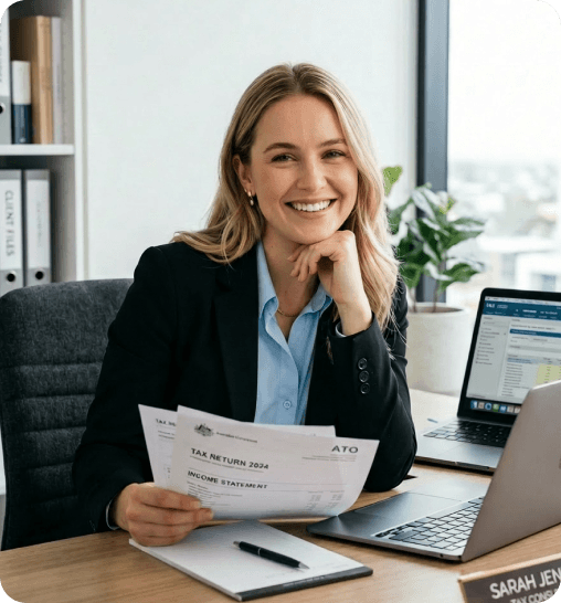 Registered tax professional with tax return documents and laptop
